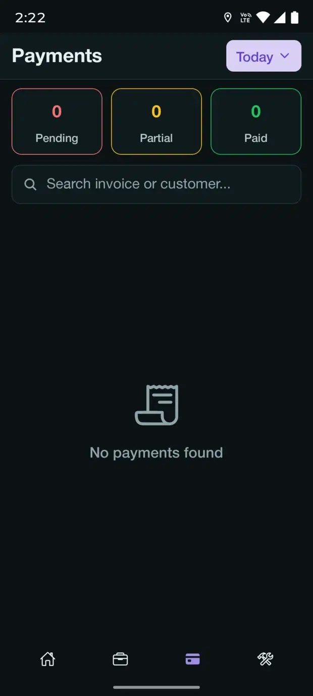 OPTRA ONE payments screen with pending, partial and paid totals